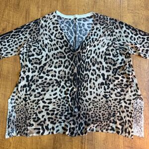 Ellison Cardigan Womens M Brown Leopard Print Cotton Linen V-Neck Button Up Boho